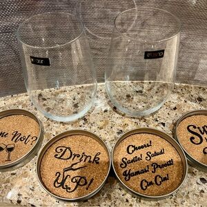 Brand New Set of 2 Wine Glasses with 4 coasters. 16oz